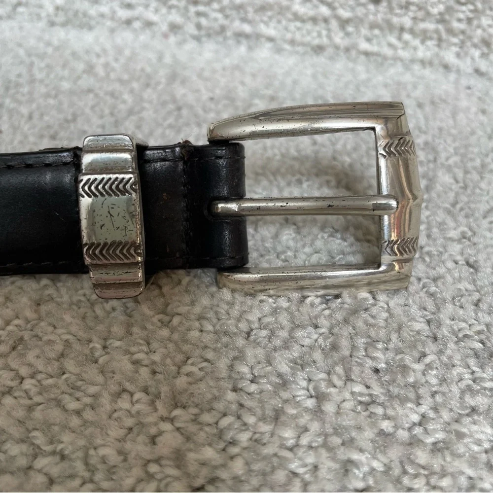 Vintage Cowhide String Design Silvertone Hardware Dark Brown Leather Belt Casual